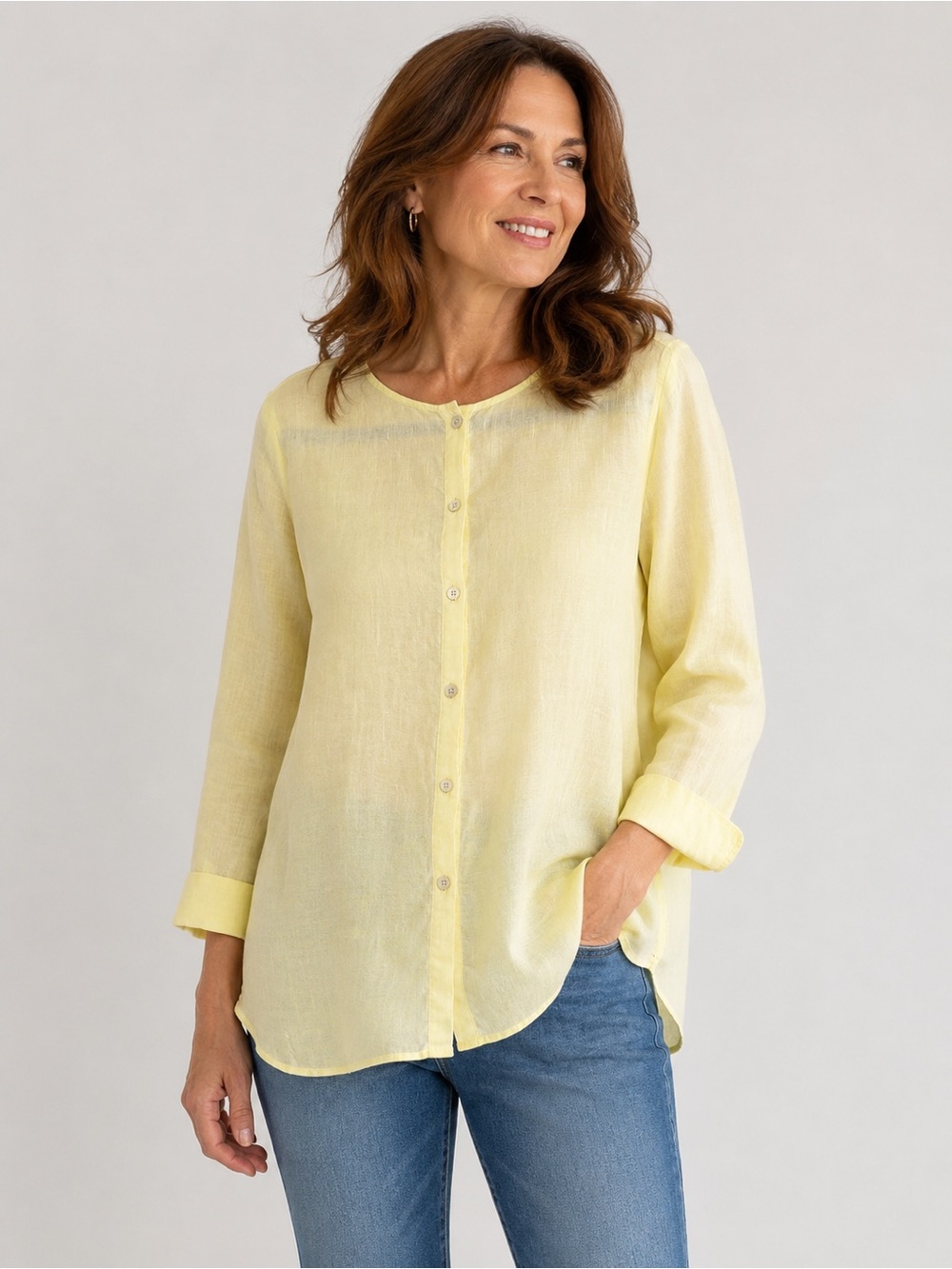 Eileen Fisher 100% organic linen Soft Lemon Button-Front Linen Shirt LP